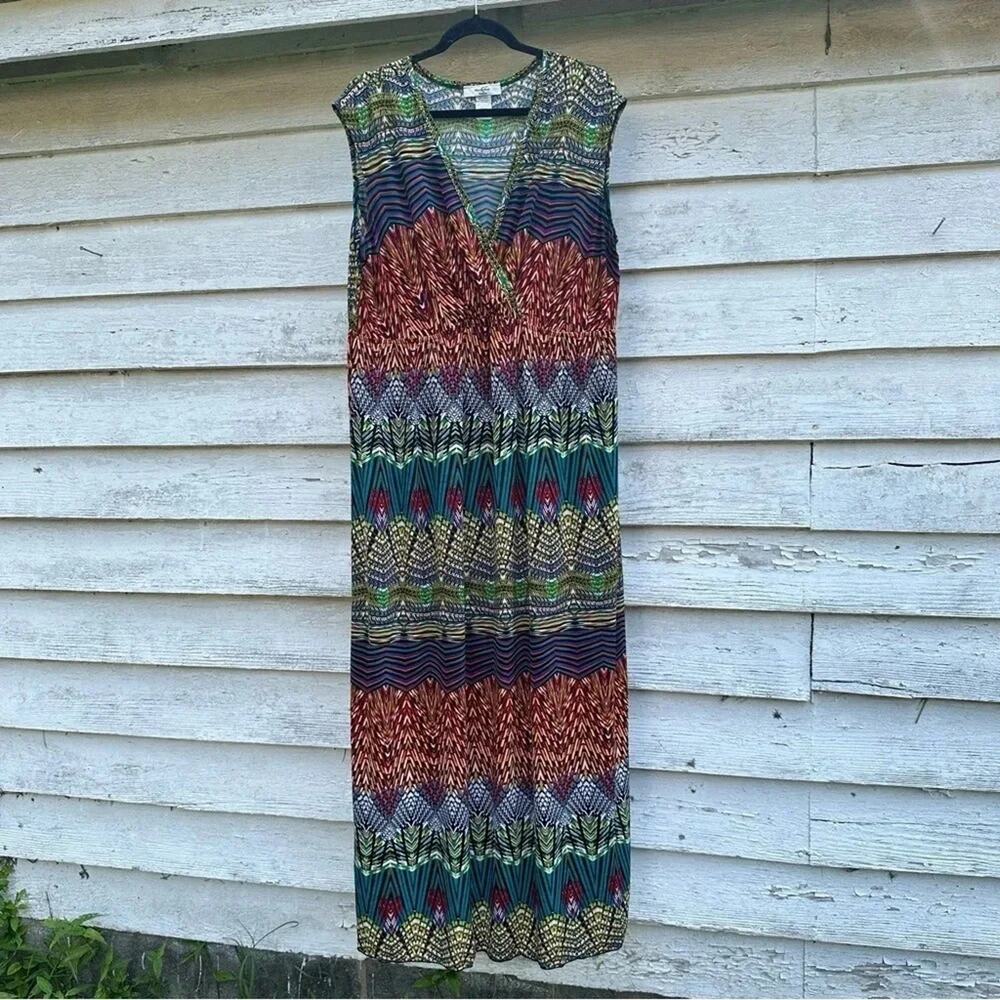 Moa Moa Womens Maxi Dress with cap sleeves colorful Travel Bohemian Hippie